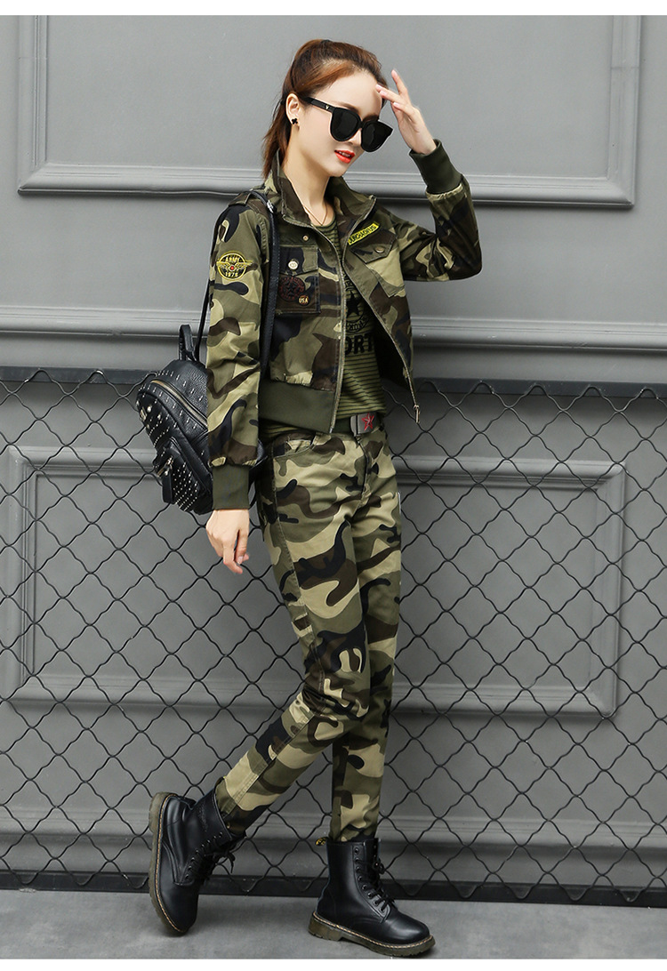 迷彩服套装女秋季新品纯棉小外套学生军训服军迷户外表演广场舞蹈