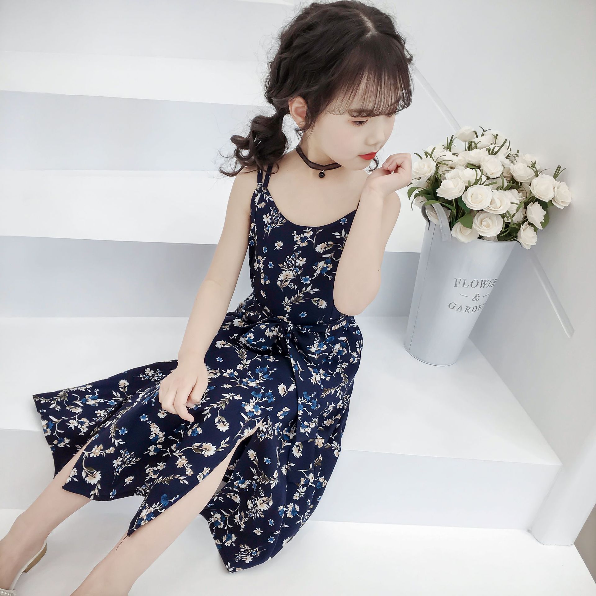 女童连衣裙小女孩碎花雪纺吊带裙幼儿园小学生夏天薄款长款裙子