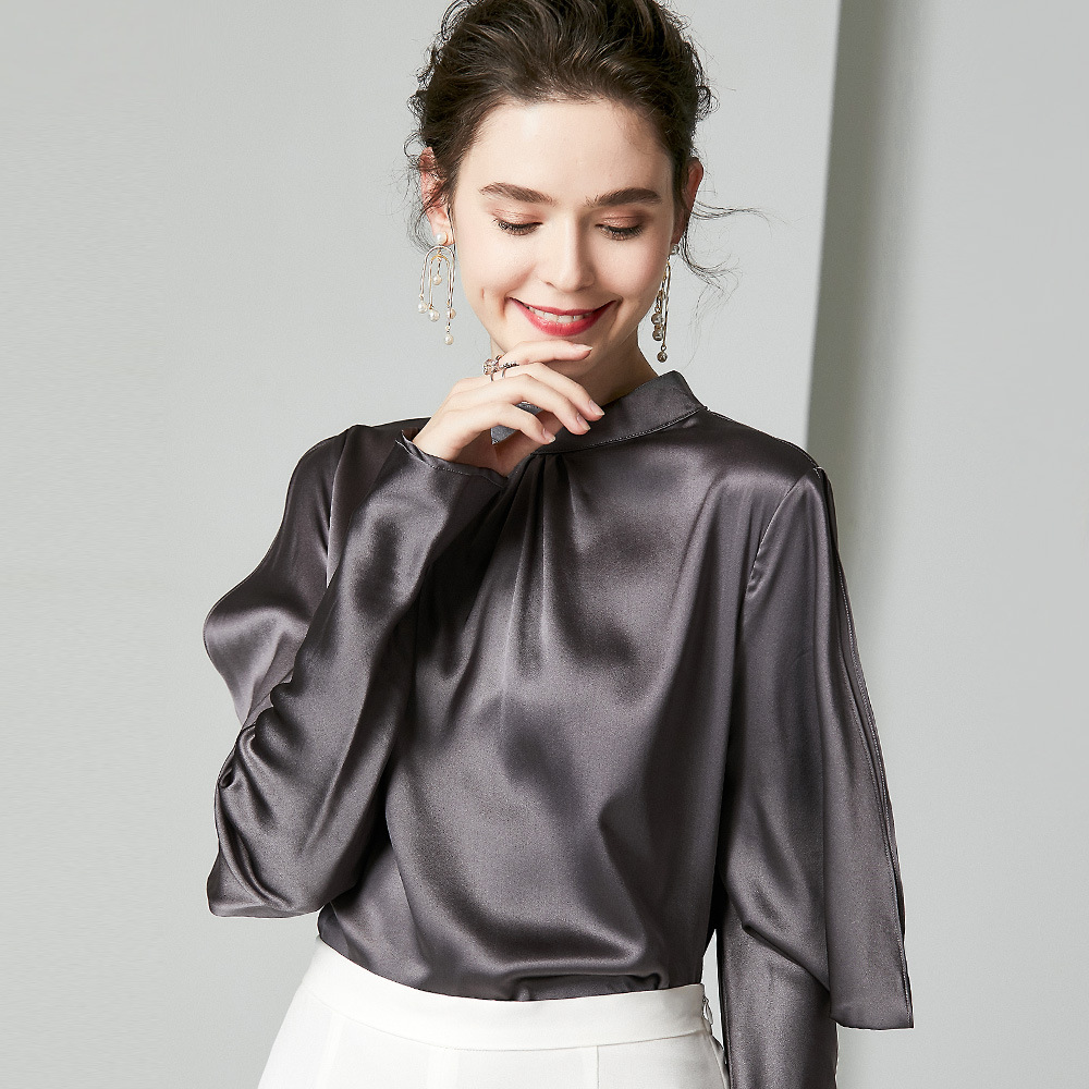 914070 早春新款欧洲站轻奢重磅真丝衬衫 羊腿袖立领桑蚕丝上衣女
