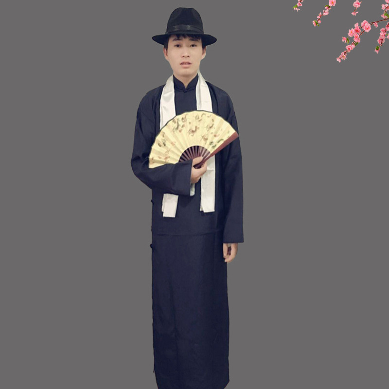 男士古装民国长衫教书先生长袍大褂相声服快板演出服长袖盘扣长衫