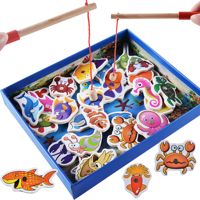 Factory Direct Sales Children's Early Education Wooden Magnetic 32 Pieces Double Rod Marine Life Cognition Fishing Parent-Child Interaction Toys