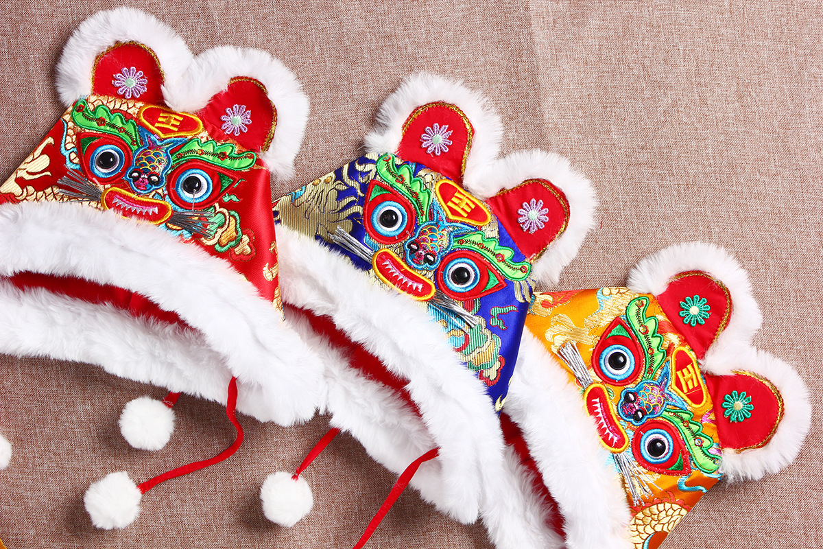 虎头帽摄影 传统手工宝宝布老虎棉帽子 拍照婴幼儿保暖柔软冬刺绣