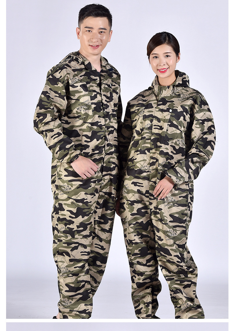 新款透气耐磨连体工作服迷彩长袖带帽防尘服劳保服批发定制