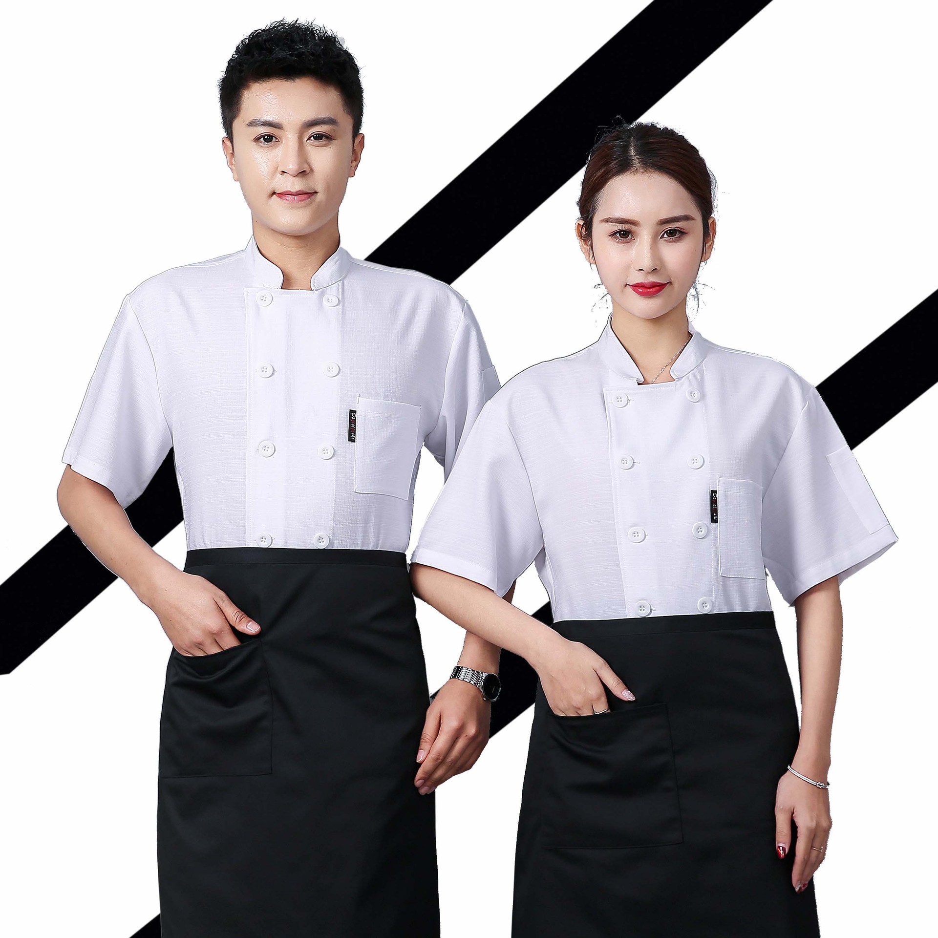 酒店夏季透气厨师服短袖 双排扣棉麻面料西餐自助餐厅员工装定制