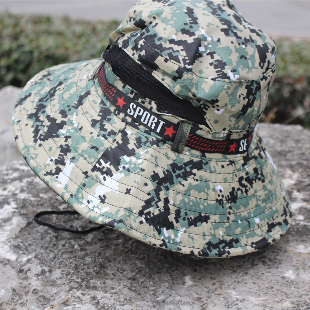 厂家批发防晒遮阳盆帽 透气涤纶户外丛林渔夫帽 迷彩半圆网钓鱼帽