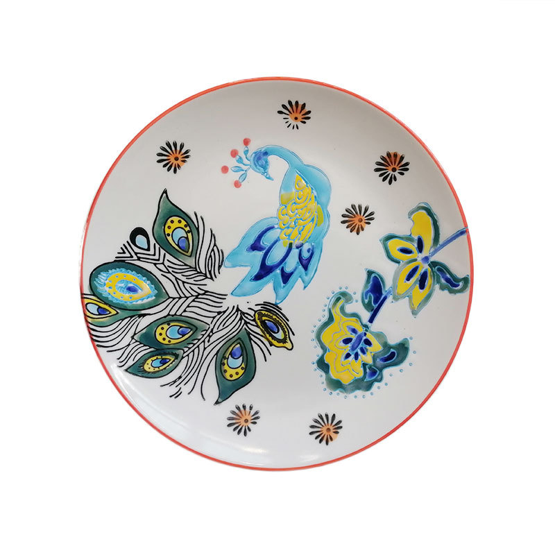 8-Inch Japanese Style Hand Drawn Ceramic Steak Western Cuisine Plate Personality Dessert Plate Home Art Cutlery Plate Banquet Plate