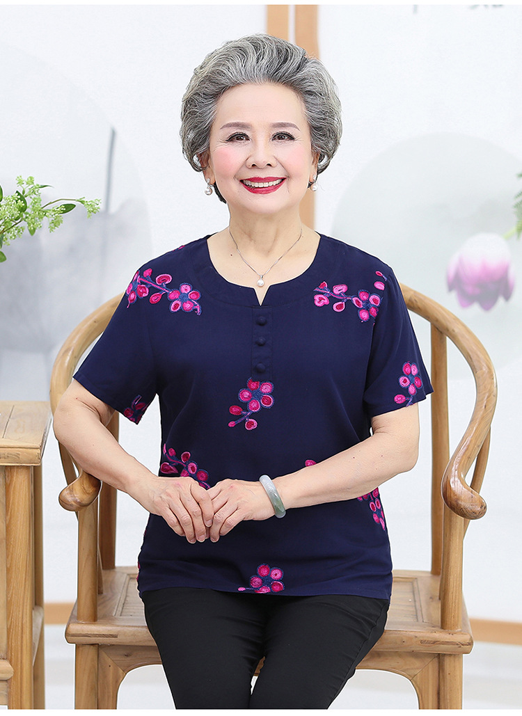 中老年女装夏装新款奶奶装上衣竹节棉短袖刺绣t恤女老年人打底衫