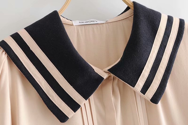 tye8221 19春新款学院风拼色海军领褶皱宽松百搭长袖衬衫 女