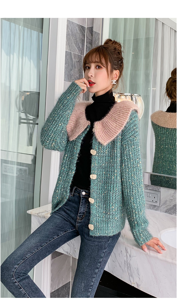 实拍现货#娃娃领毛衣外套女秋冬韩版外穿大翻领甜美宽松针织开衫
