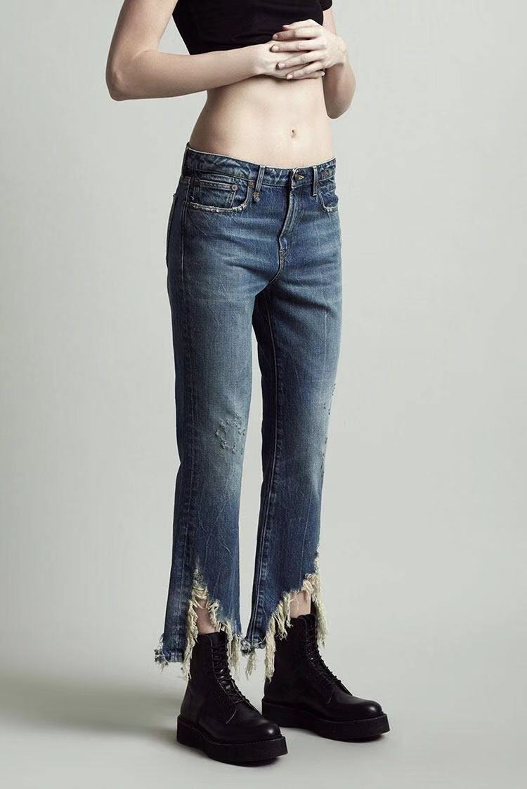 19早春大幂幂袁姗姗同款 r13 开叉裤脚流须边做旧高腰微喇牛仔裤