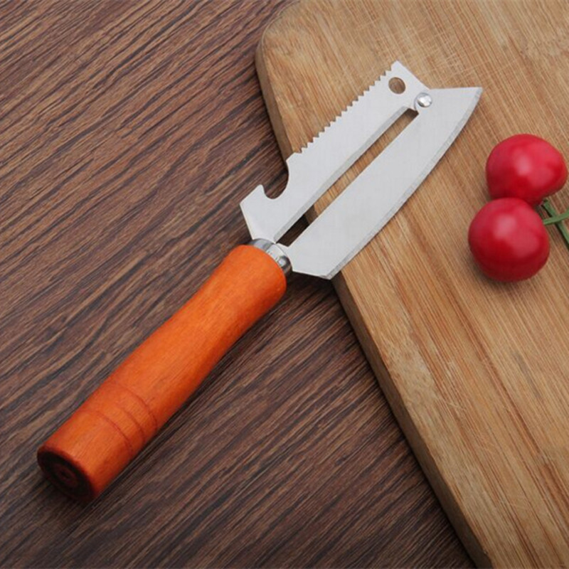 厂家直销不锈钢木柄多功能削皮刀瓜果刮皮刀水果刀开瓶器鱼鳞刀