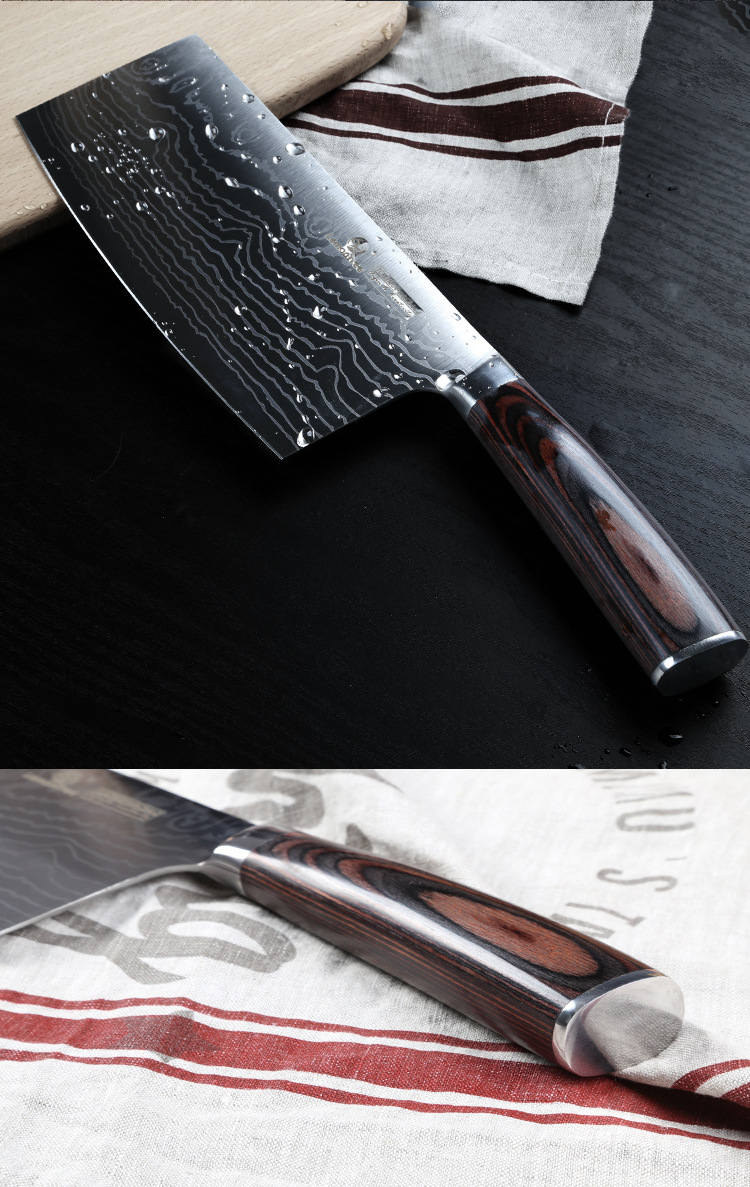 中式菜刀具锋利大马士革纹切片刀厨刀钢头彩木柄切肉