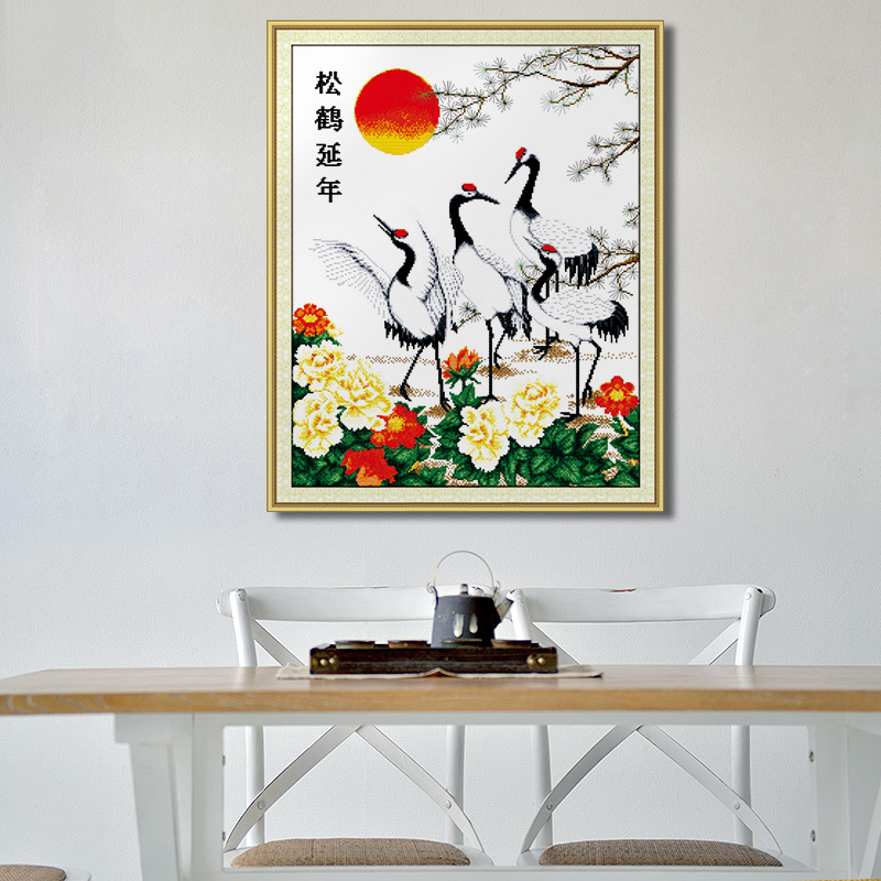 厂家批发十字绣松鹤延年客厅大幅自绣线绣送老人贺寿材料一件代发