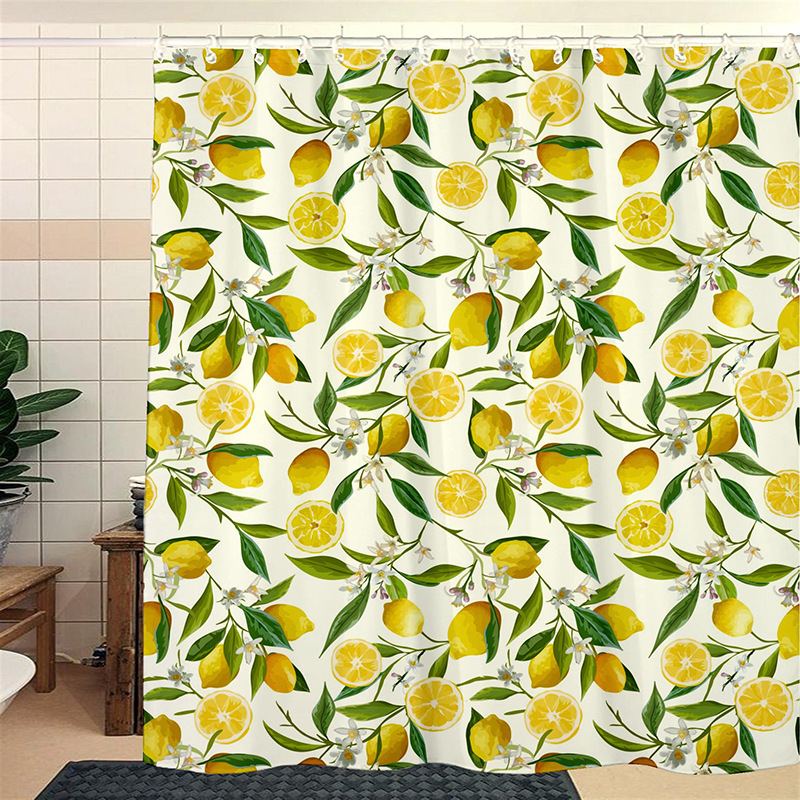 Shower Curtain Gardenia Shower Bath Curtain Punch-Free Telescopic Rod Set Roller-Type Waterproof Polyester Fabric Bathroom Partition