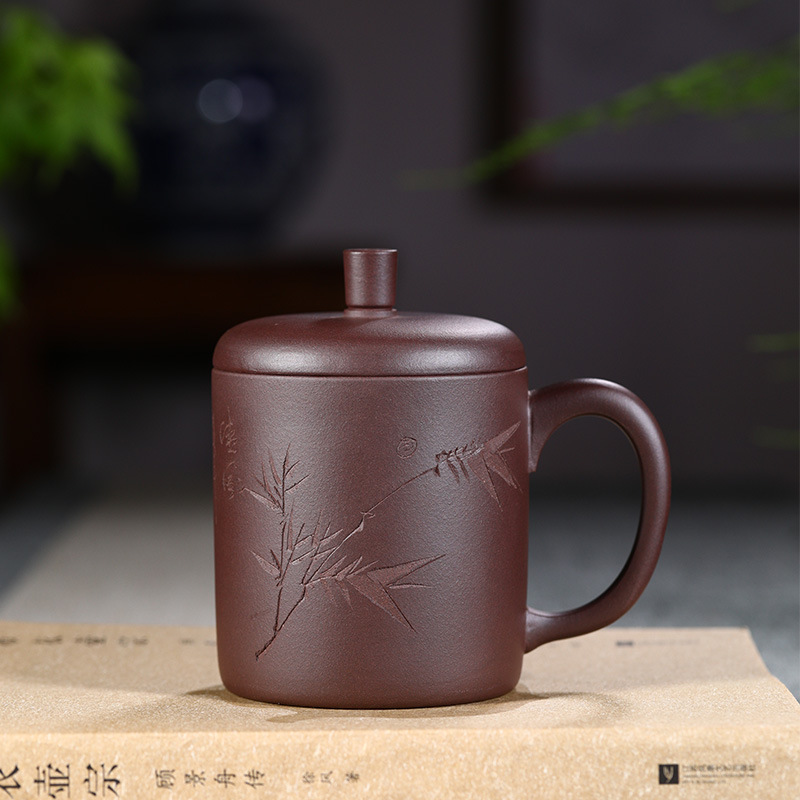 宜兴原矿手工紫泥紫砂盖杯茶壶茶具杯子竹叶盖杯批发杯