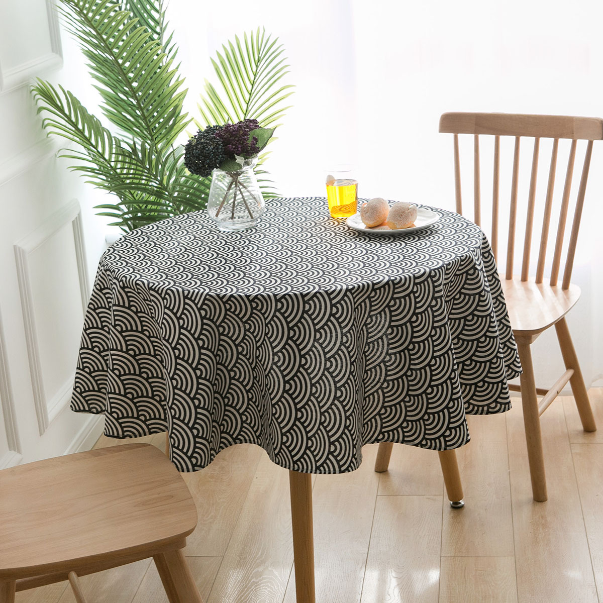 日式桌布藏青色桌布棉麻印花圆形布艺小圆桌ins风