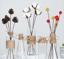创意北欧玻璃花瓶欧式花器家居摆件透明水培插花麻绳干花花瓶批发