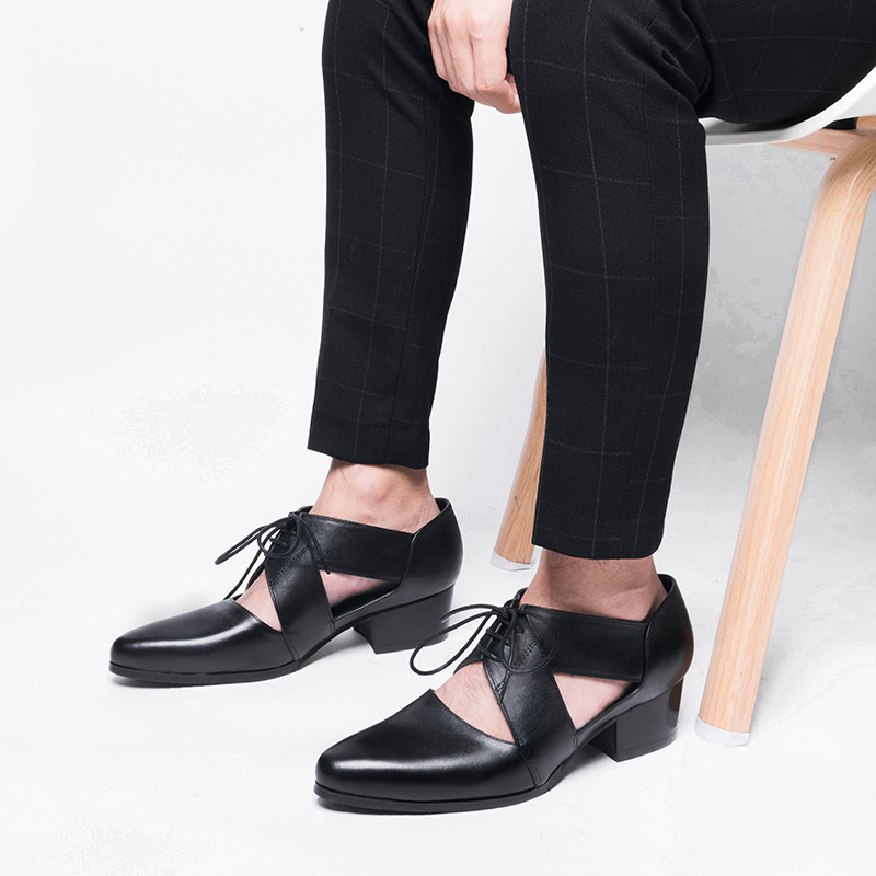 新款包头休闲凉鞋男头层牛皮2019夏季男士高跟尖头透气镂空皮凉鞋