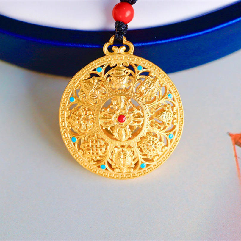 古法黄金八宝吊坠男女款足金999滴胶手工八瑞相项链