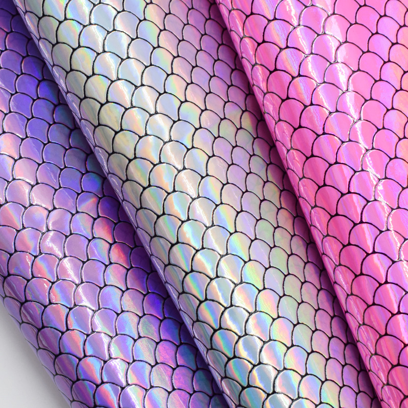 镭射幻彩鱼鳞纹pu 小扇叶贝壳纹美人鱼pu皮革 化妆包袋笔记本面料