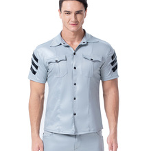 厂家直供外贸欧美男士皮质衬衫紧身狂野短袖上衣表演服6036