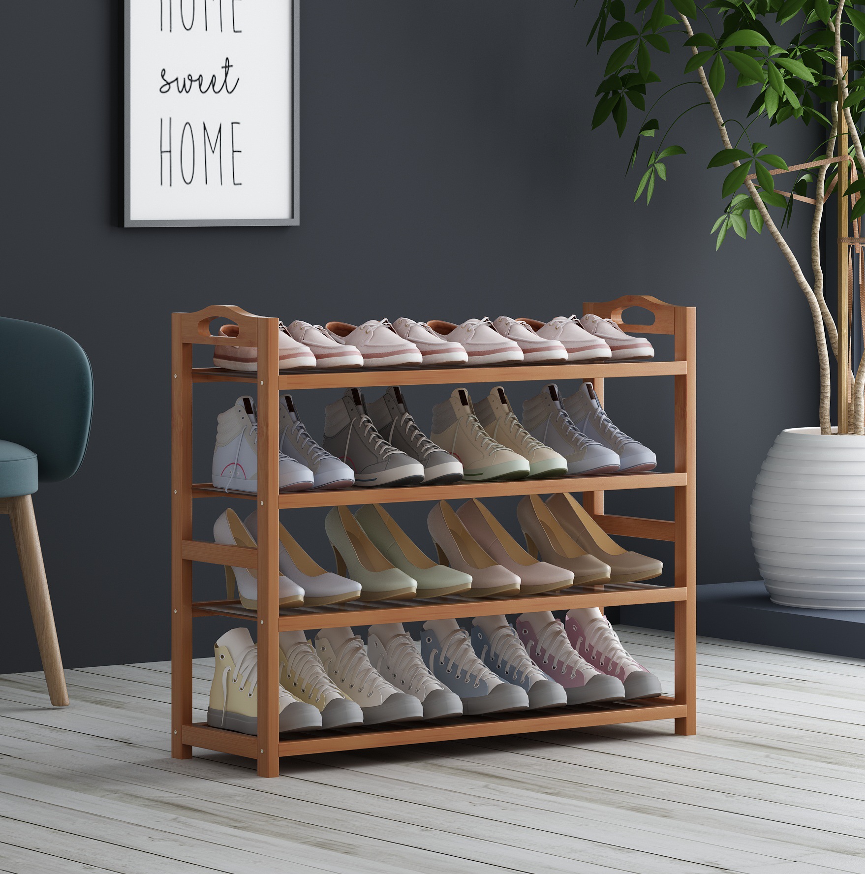 实木四层鞋架图片