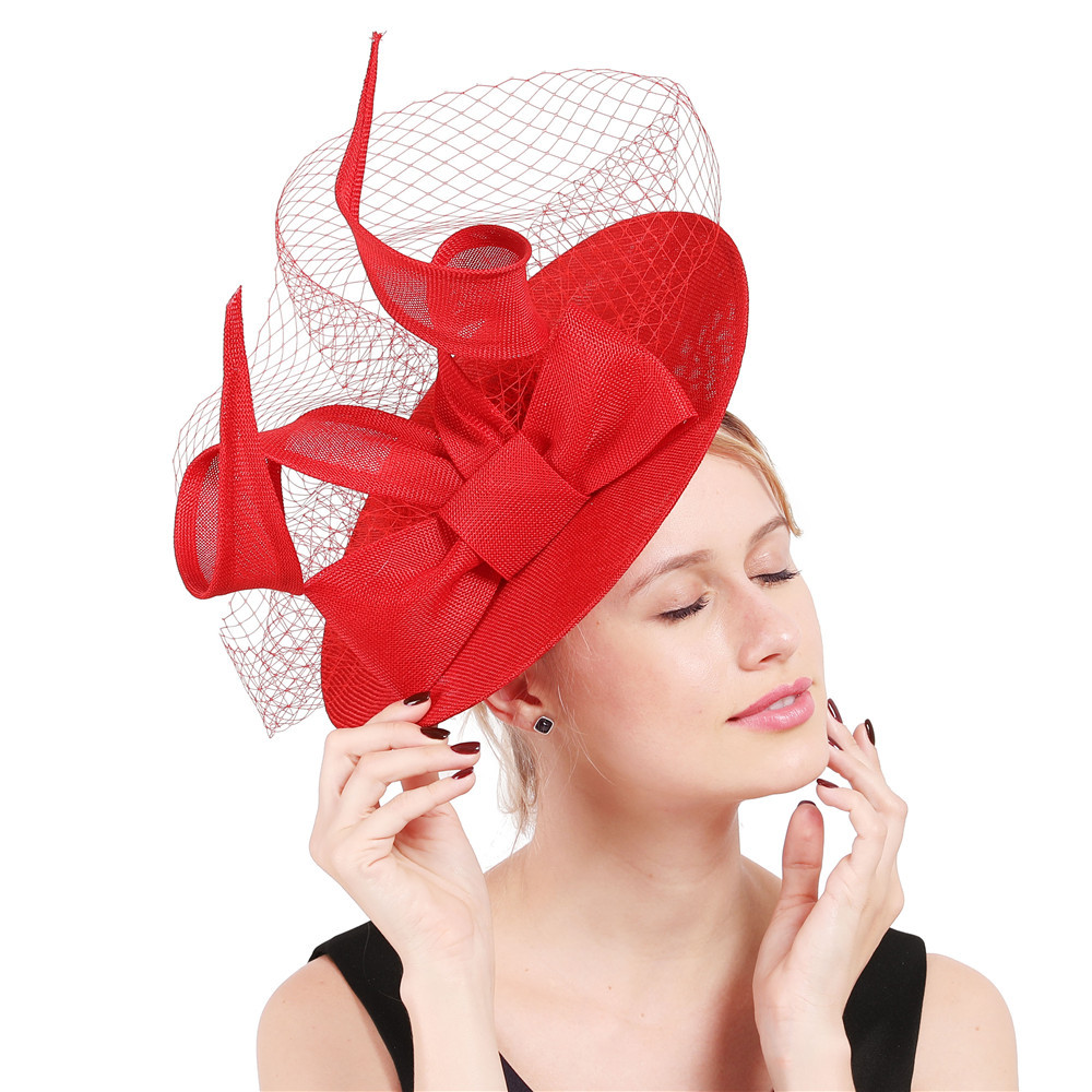 米白色手工创意夸张蝴蝶结礼帽仿麻纱网纱帽子英伦贵族舞会帽饰品