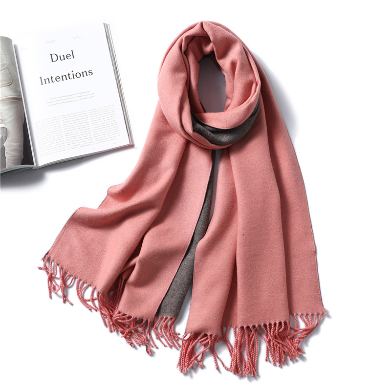 Simple Solid Color Artificial Cashmere Scarf Men's and Women's Winter Thickened Warm Double-Sided Two-Color Shawl Tassel Red Scarf 350G