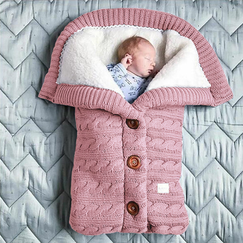 Spring, Autumn and Winter Knitted Sleeping Bag Baby Stroller Sleeping Bag Swaddling Stroller Sleeping Bag Button Twist Sleeping Bag Fleece-Lined Thickened Quilt