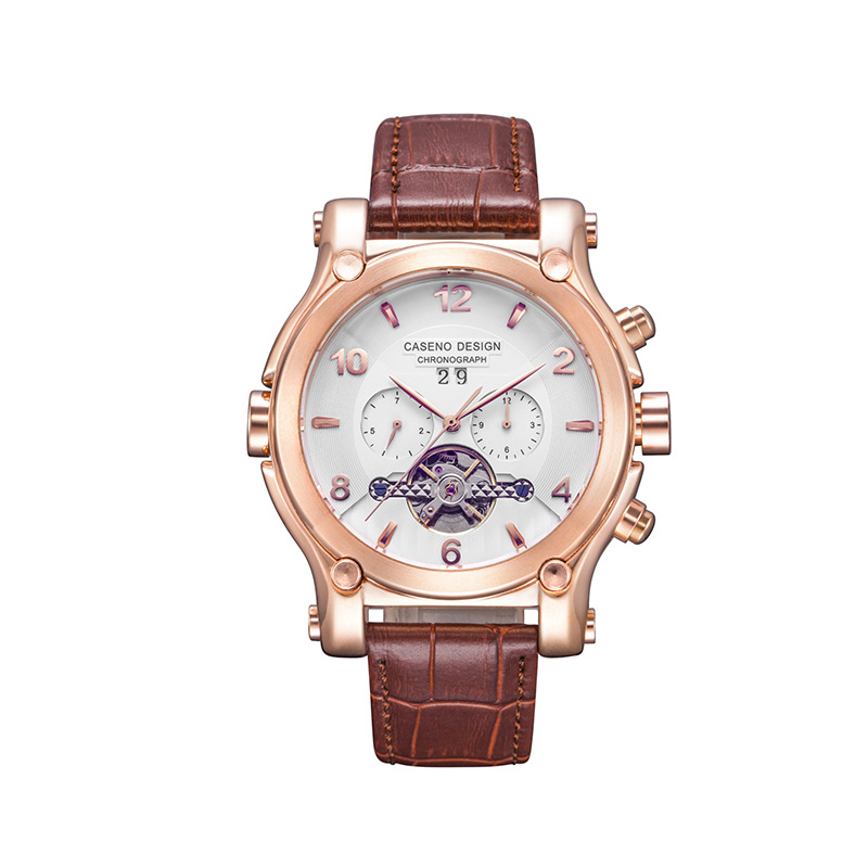 caseno跨境外贸圆形手表陀飞轮a588皮带款机械手表厂家直销