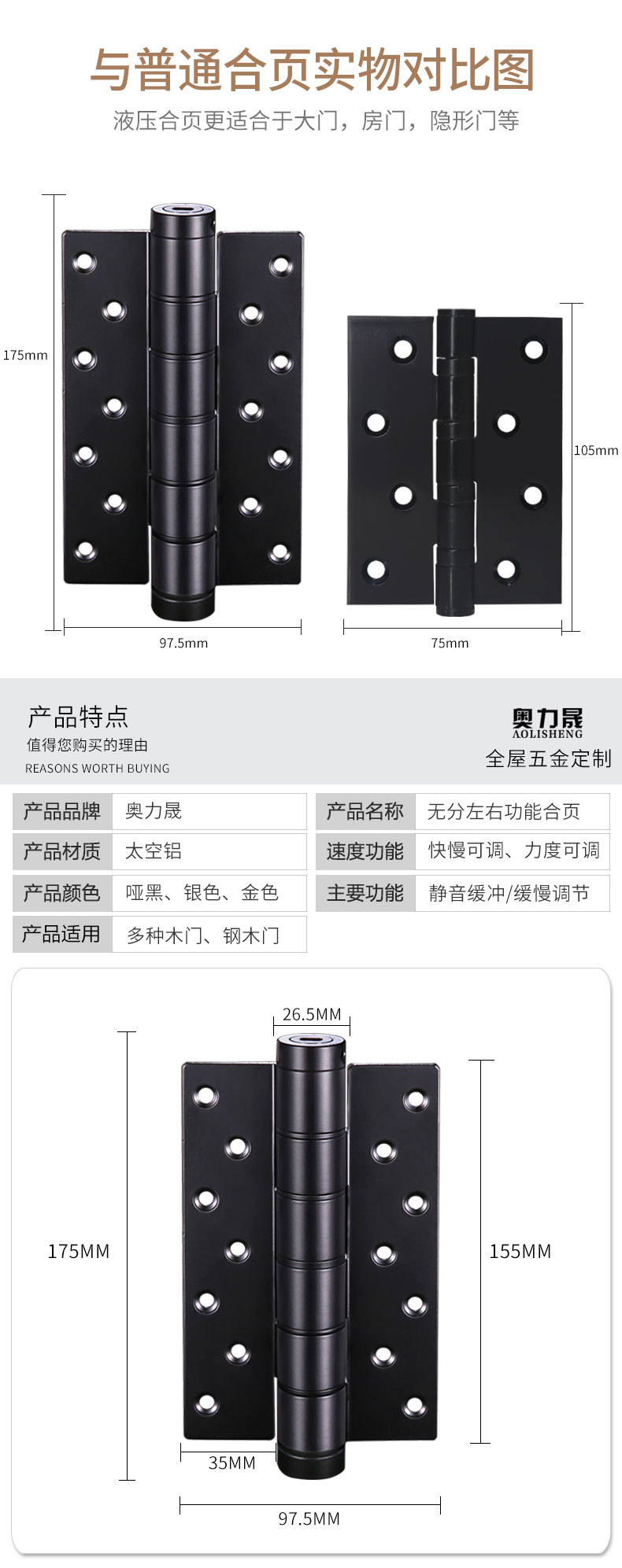 型号 液压缓冲合页 类型 弹簧铰 材质 太空铝 表面处理 镀锌 规格 e型