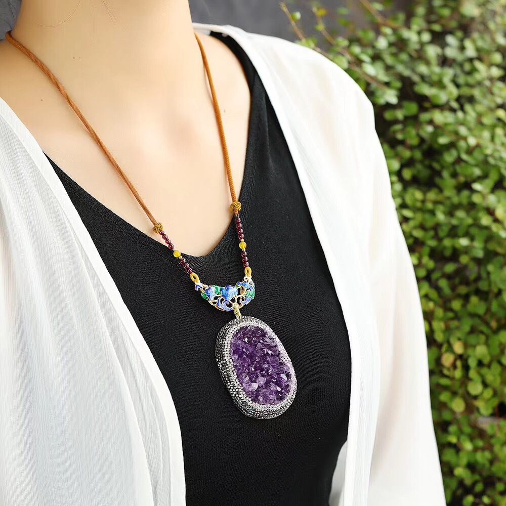 天然 紫水晶 紫晶簇吊坠女款 乌拉圭 男项坠 情侣款毛衣链 饰品