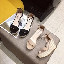 夏季韩版麻绳露趾女新品绒面坡跟一字带新款凉鞋