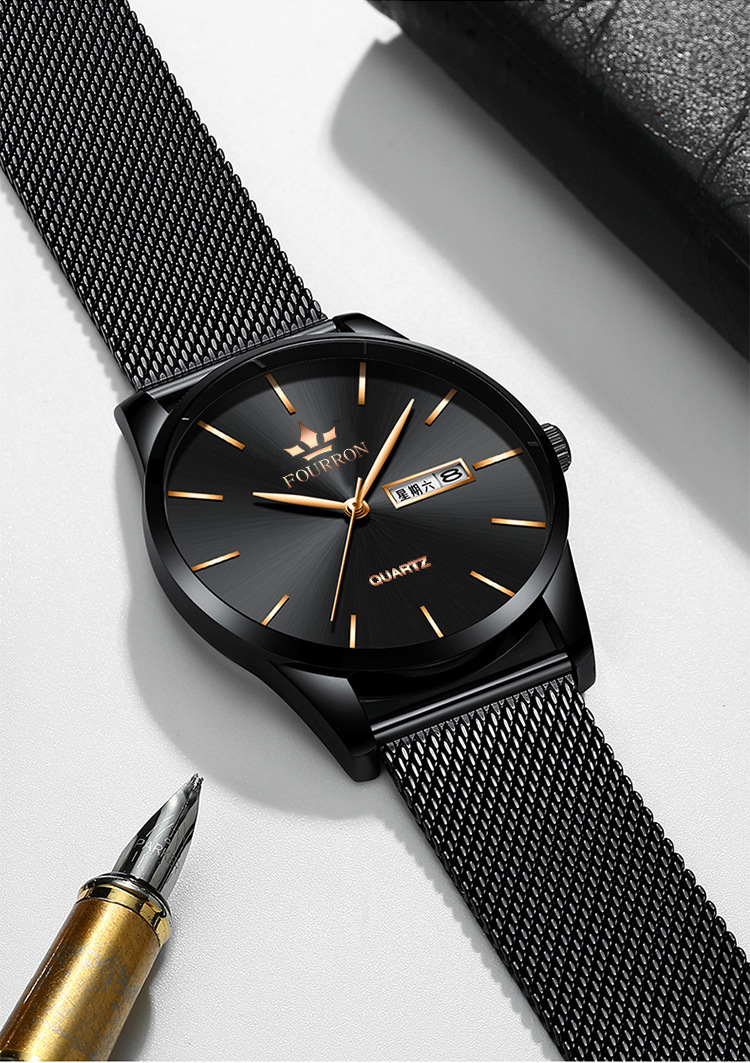 fourron品牌手表男士非机械表 防水日历石英超薄钢带爆款学生热卖