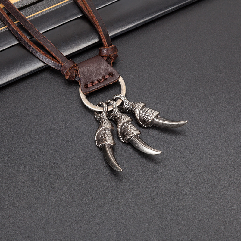 厂家直销新款百搭金属男士项链复古朋克鹰爪牛皮绳项链一件代发