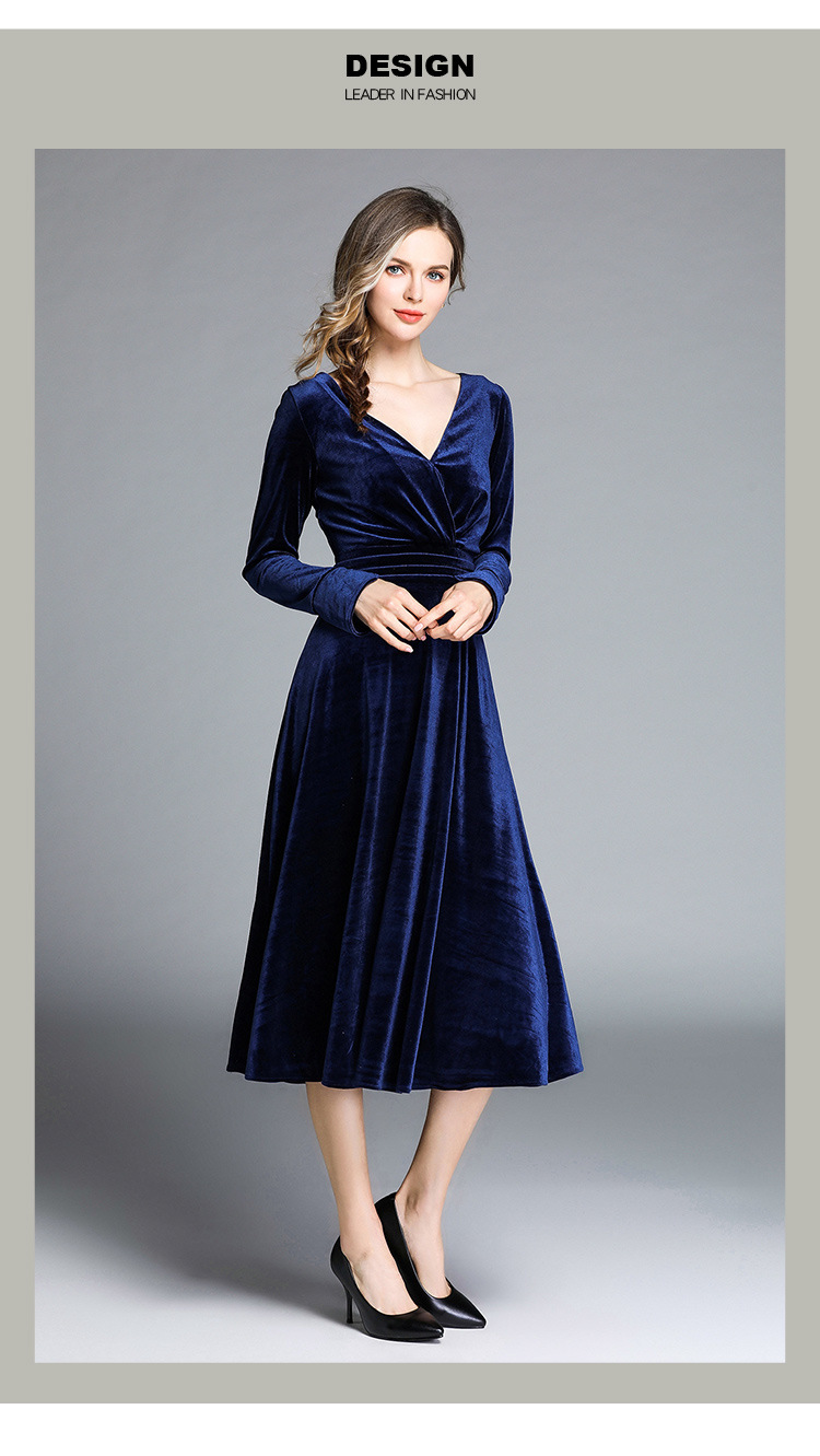 2019秋季新款欧洲站高档女装大摆裙长袖收腰v领纯色丝绒连衣裙