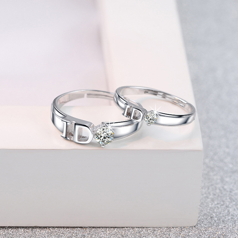 爆款欧美925仿银ido仿钻情侣对戒指可调节镀白金情侣婚戒饰品批发