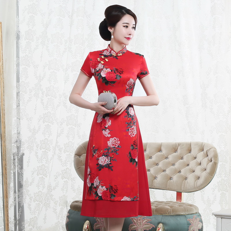 新款真丝旗袍连衣裙中国风大码女装中长款奥黛改良复古红色-阿里巴巴