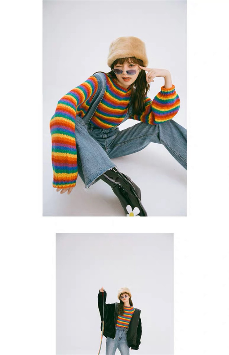 午睡自制日系宽松慵懒风泫雅毛衣女彩虹条纹针织衫2019秋季新款