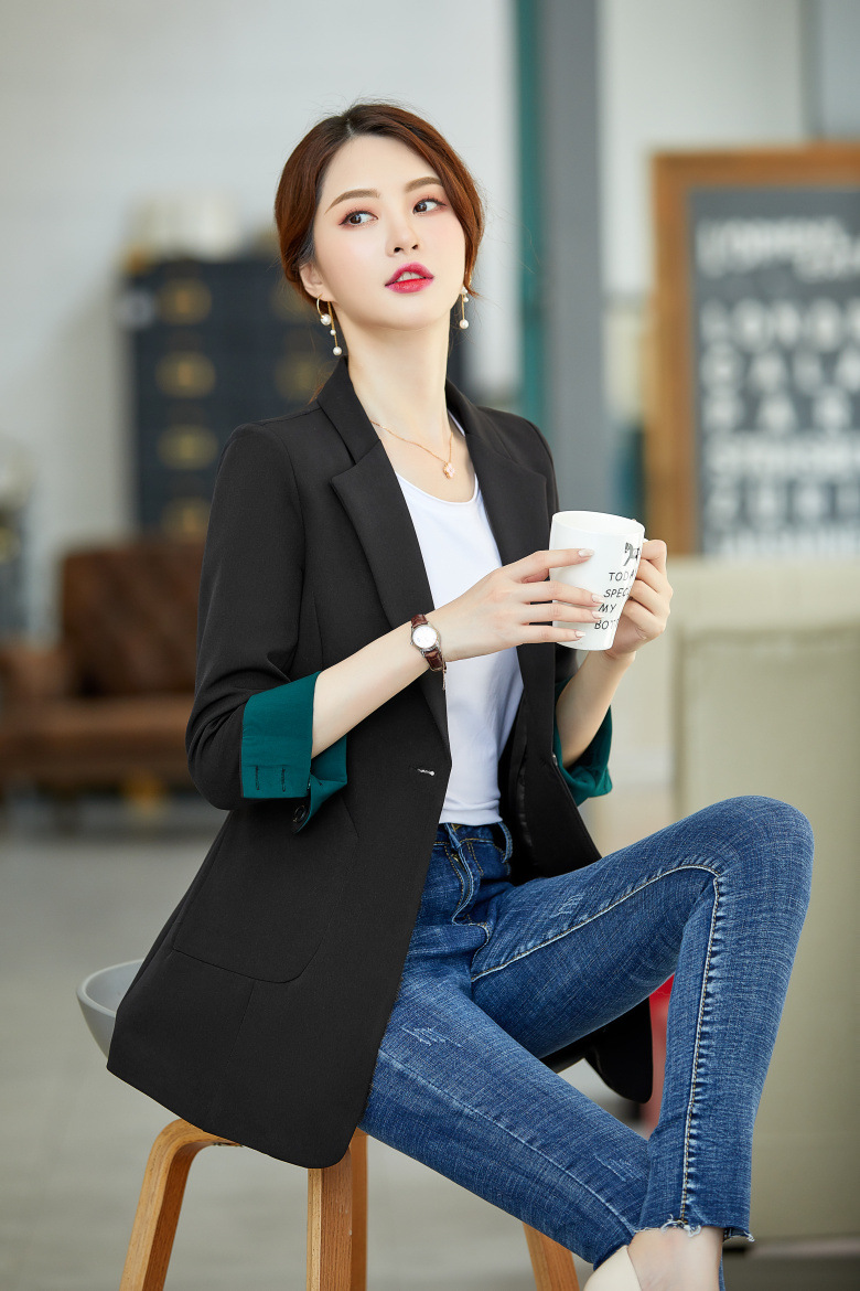 小西装外套女生2019新款长袖时尚休闲黑色百搭宽松西服中长款上衣