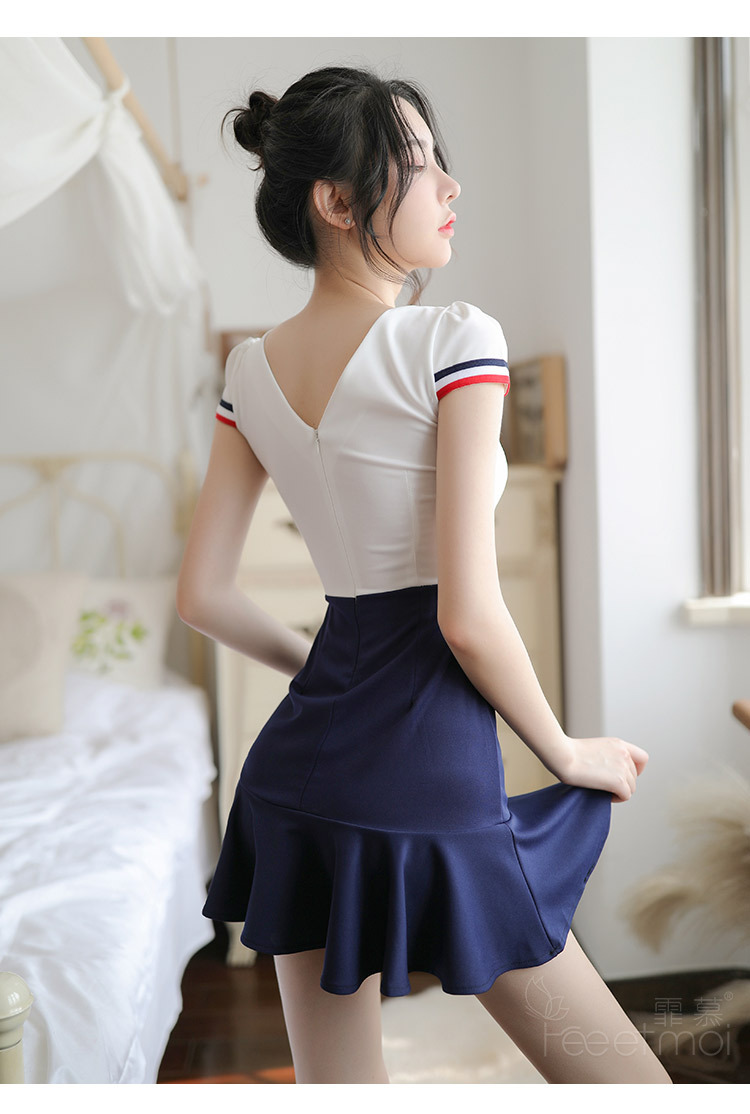 霏慕情趣内衣条纹织带蝴蝶结性感半袖娇俏秘书制服套装新品 7963