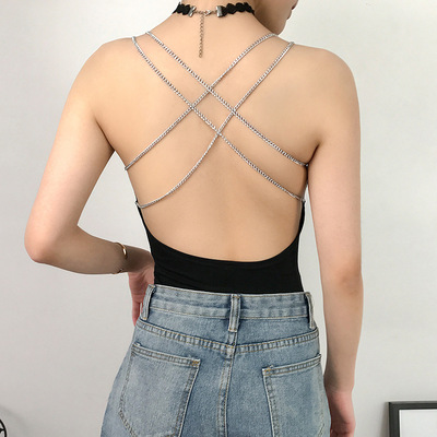 后背细链条交叉连体吊带背心外穿女欧美大露背黑色打底衫美背上衣