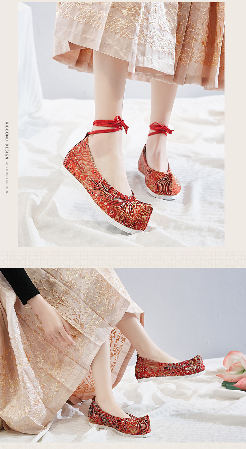 溢彩 弓鞋织锦缎鞋翘头履内增高平底古风女汉服鞋布鞋