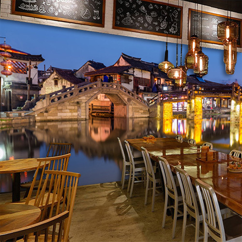 江南水乡夜景现代中式墙纸大型壁画沙发电视客厅背景墙布壁纸定制