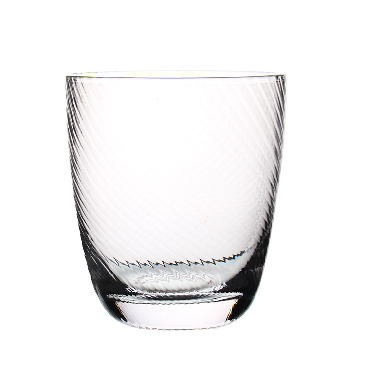 源头厂家定制人工吹制创意转纹厚底玻璃杯耐热耐冷敞口水杯口杯