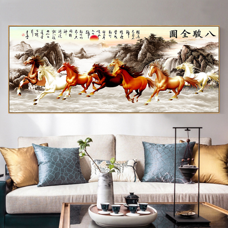 八骏图装饰画现代客厅背景墙画大气壁画新中式马到成功办公室挂画
