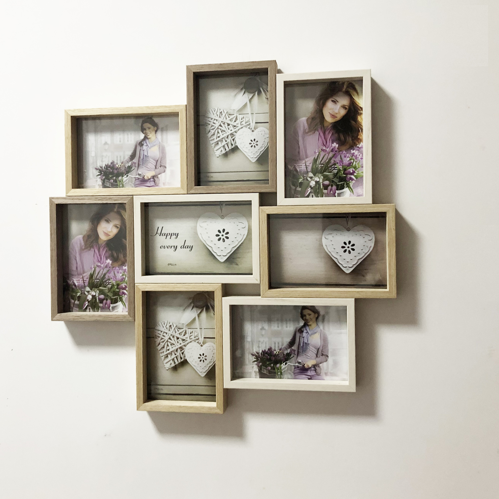 复古木质6寸连体组合相框八连框挂墙北欧简约大气不规则组合相框