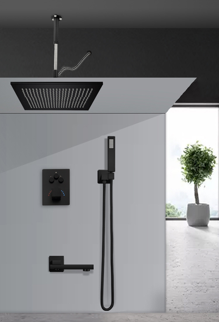美国佐伸暗装花洒嵌入墙式隐藏智能恒温天幕暗藏按键黑色淋浴套装