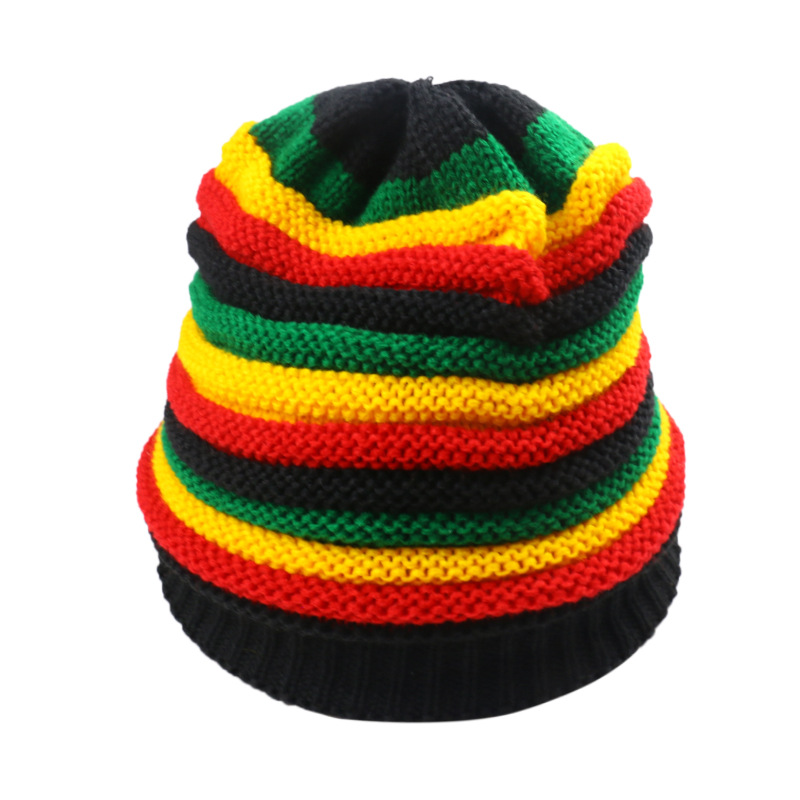 2021 New Fashion Early Autumn Korean Style Loose Rainbow Stripes Knitted Hat All-Matching Warm Tide Sleeve Cap Woolen Cap