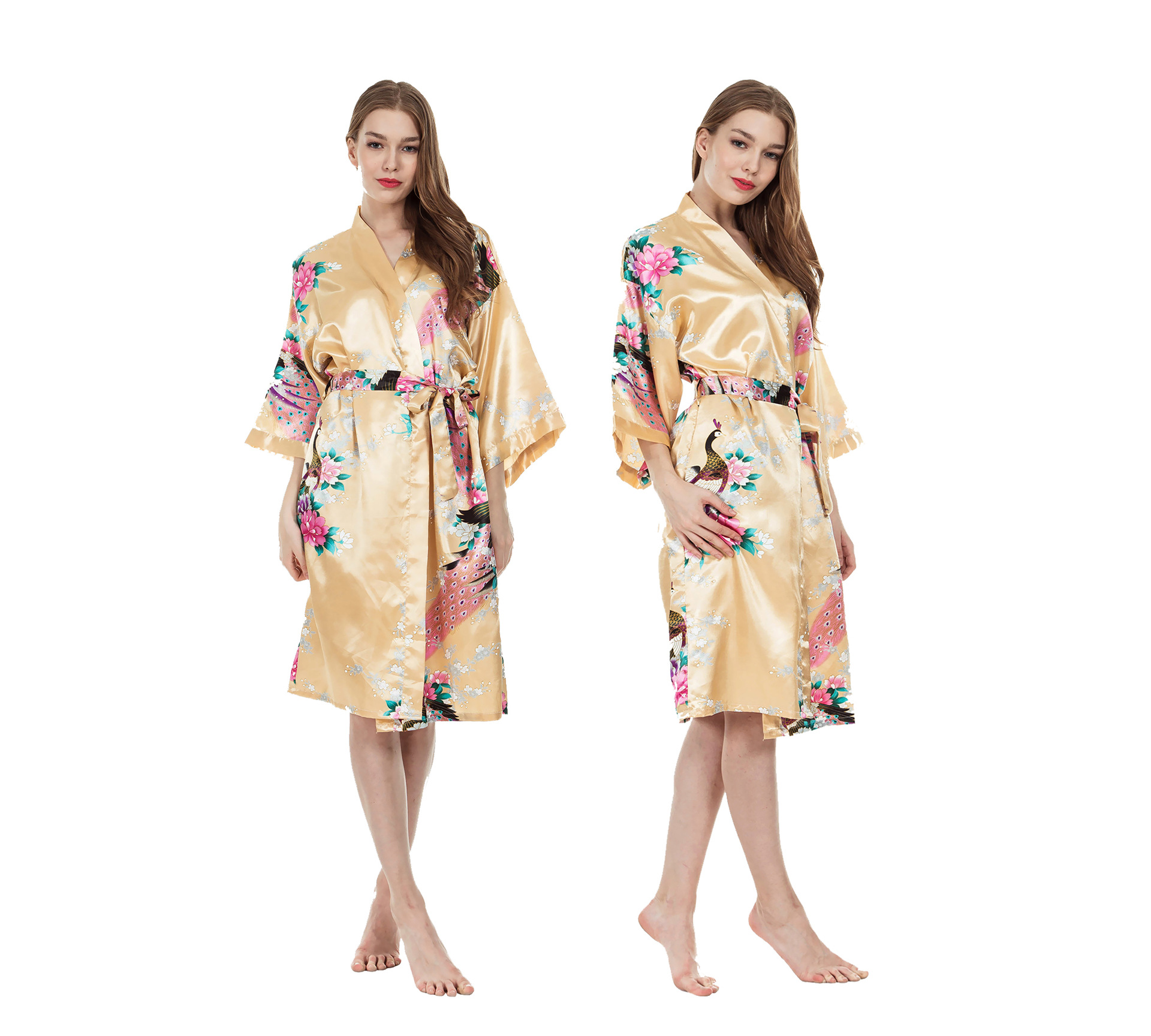 Cross-Border Wholesale Peacock Emulation Silk Nightgown Kimono Pajamas Women's Summer Half Sleeve Bathrobe plus Size Homewear
